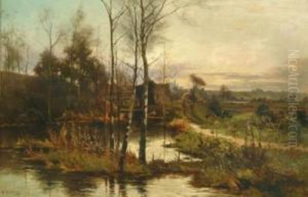 Autumnal Evening With Figures On A Riverside Path Oil Painting by William Manners