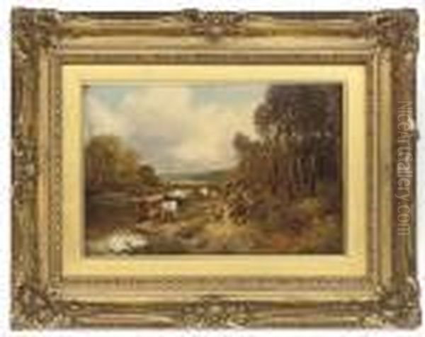 Driving Cattle Beside A River Oil Painting by William Manners