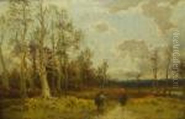 Figures Gathering Kindling In A Wood Oil Painting by William Manners