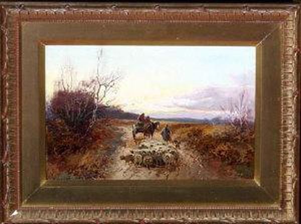 A Country Road With A Horse Cart, A Shepherd And Flock Oil Painting by William Manners