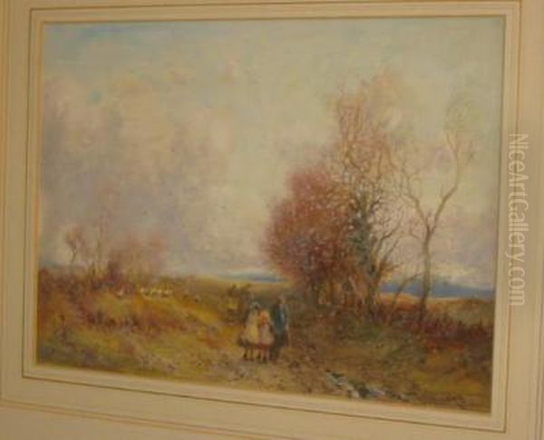 Children Walking In Acountry Lane In Late Autumn Oil Painting by William Manners