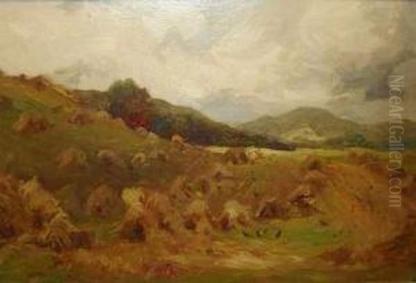 A Harvest Scene With Corn Stooks In A Landscape Oil Painting by William Manners