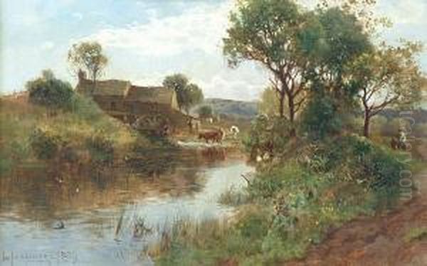 Cattle Watering By A Watermill Oil Painting by William Manners