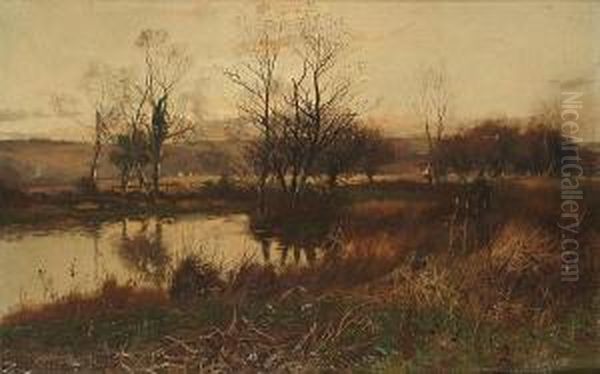 Extensive River Landscape At Sunset, With A Figure In The Foreground Oil Painting by William Manners