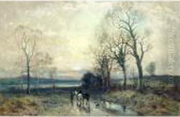 Returning Home In A Wintery Sunset Oil Painting by William Manners