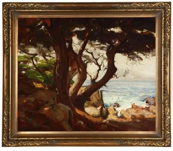 Trees In A Carmel Coastal View Oil Painting by Jean Mannheim