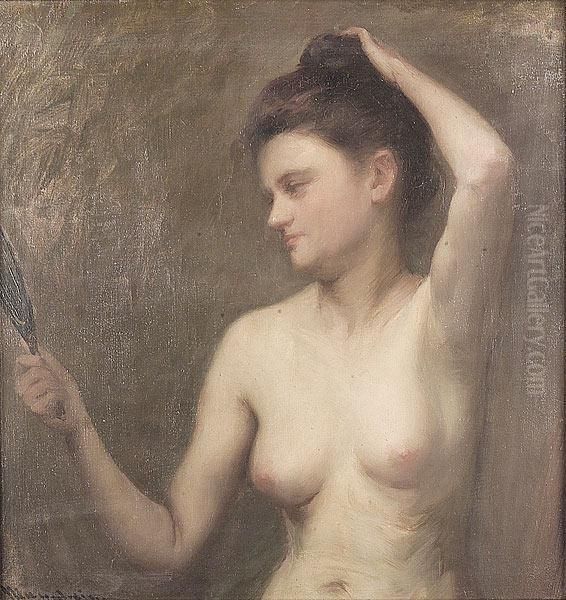 A Nude Combing Her Hair Oil Painting by Jean Mannheim