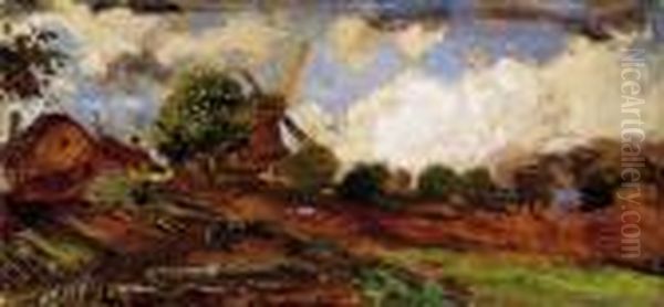 Windmill On The Belgian Border Oil Painting by Gusztav Mannheimer