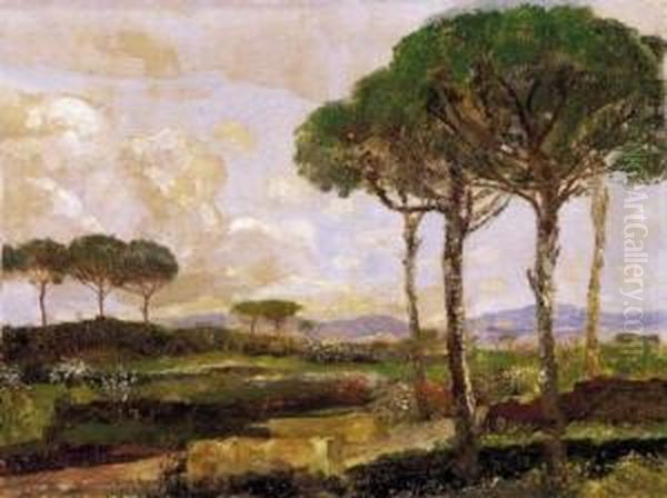 Italian Landscape With Pine Trees Oil Painting by Gusztav Mannheimer