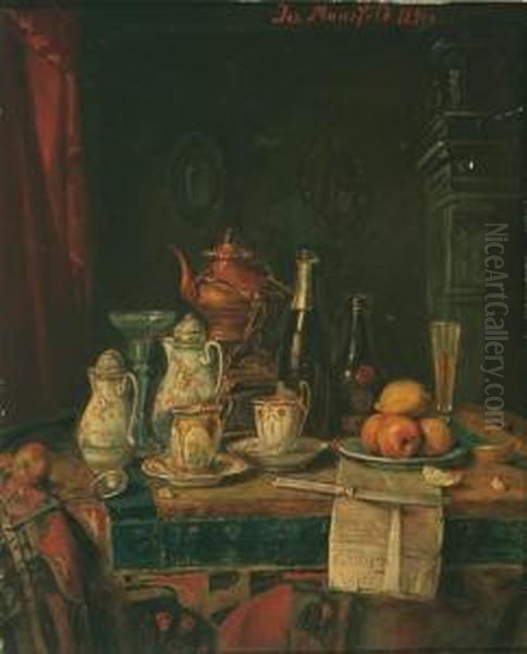 Still Life Withtea, Fruit And Morning Newspaper Oil Painting by Josef Mansfeld