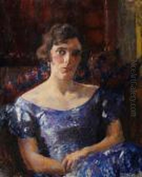 Portrait Of A Seated Lady In A Blue Dress Oil Painting by James Bolivar Manson