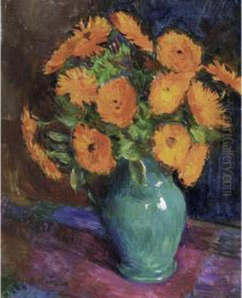 Marigolds In A Green Vase Oil Painting by James Bolivar Manson