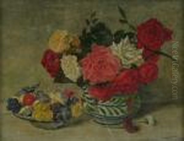 Roses In A Bowl And Violets In A Dish Oil Painting by James Bolivar Manson