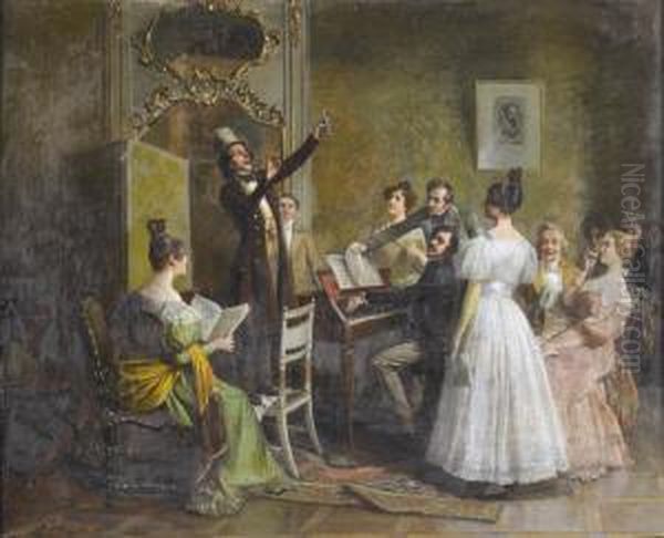 Hauskonzert Mit Gesangssolist Und Pianobegleitung Oil Painting by Giocomo Mantegazza