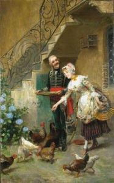 Feeding Chickens Oil Painting by Giocomo Mantegazza