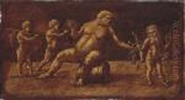 The Drunken Silenus With Putti: A Trompe L'oeil Bas-relief Oil Painting by Andrea Mantegna