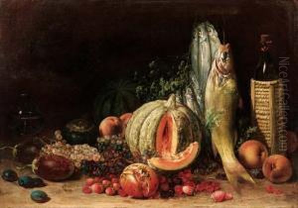 Natura Morta Con Pesci, Frutta E Bottiglia Oil Painting by Ignazio Manzoni