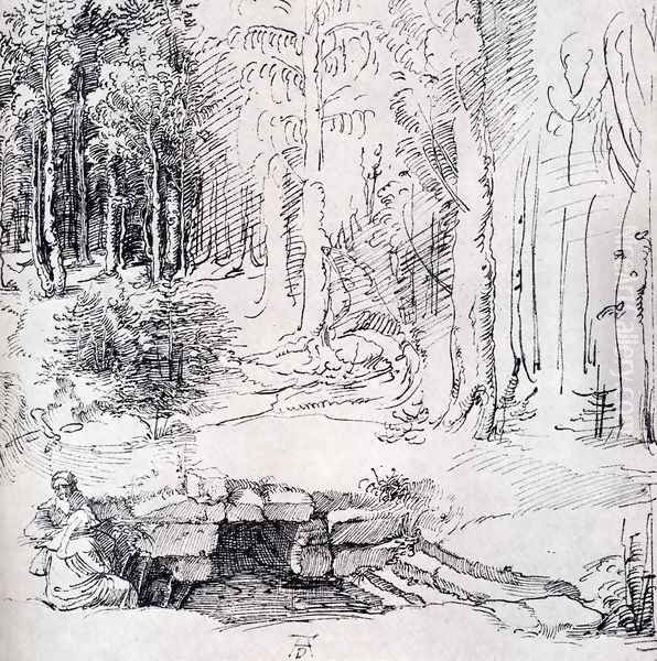 Forest Glade With A Walled Fountain By Which Two Men Are Sitting (or St. Anthony And St. Paul, Identified By The Flying Raven) Oil Painting by Albrecht Durer