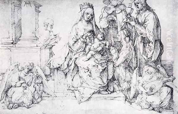 The Virgin With Two Angels And Four Saints (or St. Catherine St. John The Evangelist, St. James The Great And St. Joseph) Oil Painting by Albrecht Durer