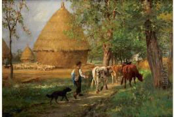 Le Retour Des Betes A La Ferme Oil Painting by Adolphe Charles Marais