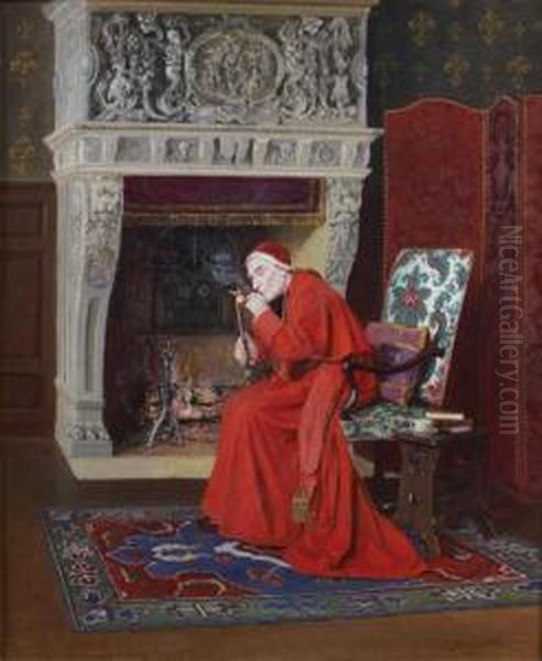 Cardinal Fumant Devant Une Cheminee Oil Painting by Victor Marais-Milton