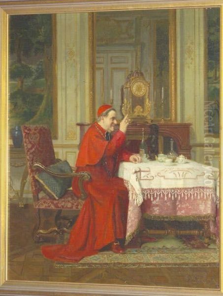 Interior Scene With A Cardinal 
Seated At A Table Feeding A Small Dog Signed, Also Inscribed On A Label 
Verso Oil Painting by Victor Marais-Milton