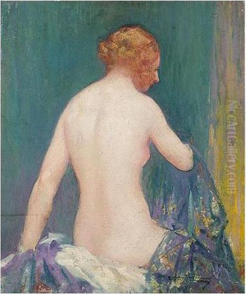 Nude With Blue Robe Oil Painting by Pierre Amedee Marcel-Beronneau