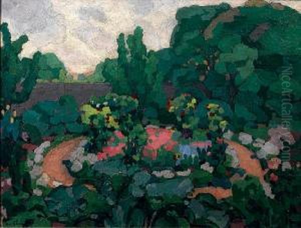 A Summer Landscape With Pink Flowers by Jules Oury, Dit Marcel-Lenoir