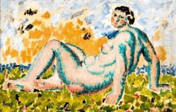 Jeune Femme Brune Allongee Dans L'herbe, Circa 1920 Oil Painting by Jules Oury, Dit Marcel-Lenoir