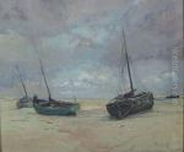 Vissersschepen Op Het Strand. Oil Painting by Alexandre Marcette