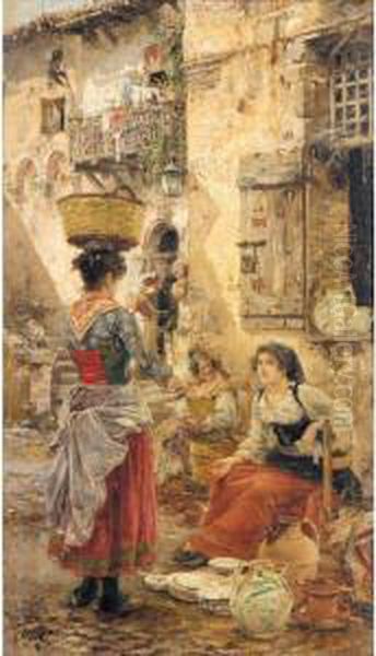 La Vendedora De Loza (the Pottery Seller) Oil Painting by Vicente March y Marco