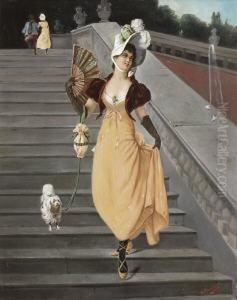 Junge Dame Mit Facher Auf Der
 Treppe. Oil Painting by Andre Marchand