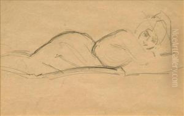 1940) Reclining Nude Pencil On Brown Paper 18cm X 28cm (see Illustration On Our Website) Oil Painting by Jean Hippolyte Marchand