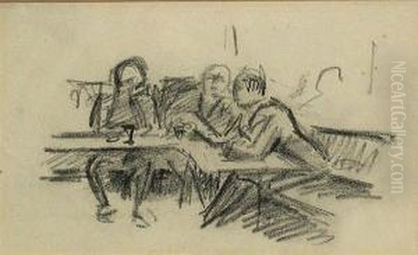 Untitled (street Scene); Untitled (tavernscene With 3 Figures) (2) Oil Painting by Jean Hippolyte Marchand