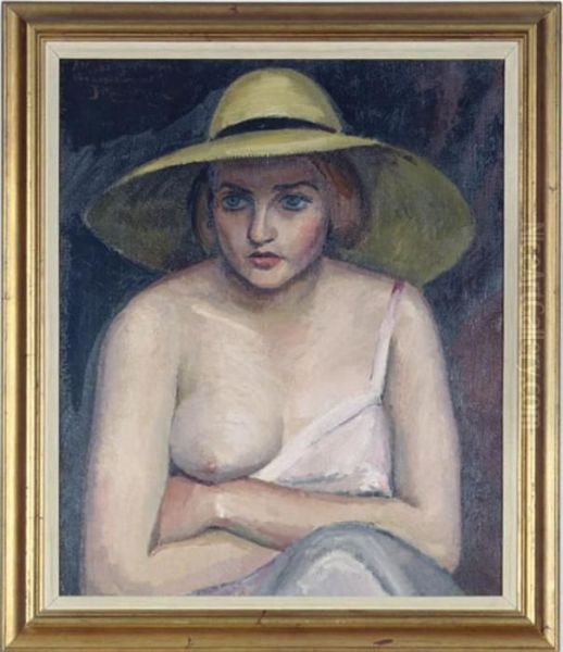 A Seated Woman With A Yellow Hat Oil Painting by Jean Hippolyte Marchand