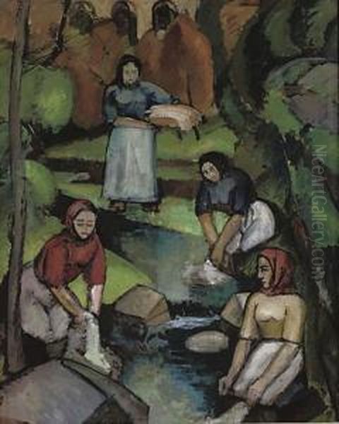 Les Blanchisseuses Oil Painting by Jean Hippolyte Marchand