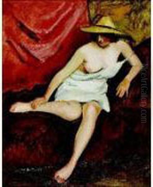 Femme Nu Au Chapeau Oil Painting by Jean Hippolyte Marchand