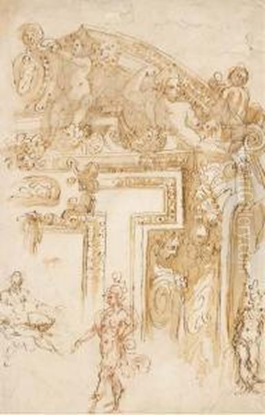 Studies Of Part Of An Elaborate Overdoor And Of Three Figures Oil Painting by Marco Marchetti, Called Marco Da Faenza