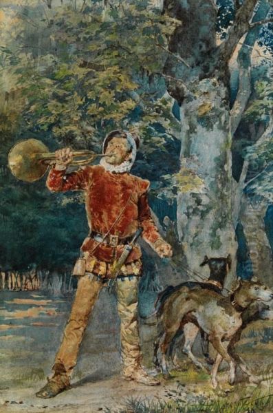 Junger, Mittelalterlich 
Gekleideterjager Mit Jagdhunden Und Jagdhorn Unter Einem Baum Amwaldrand Oil Painting by Ludovico Marchetti