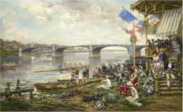 Summer Regatta At The Bridge At Bercy Oil Painting by Ludovico Marchetti