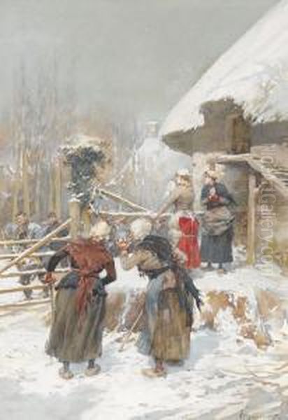 Bauerinnen Und Soldaten Bei Einem Gehoft Im Winter Oil Painting by Ludovico Marchetti