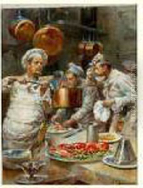 A La Cuisine, Circa 1893 Oil Painting by Ludovico Marchetti