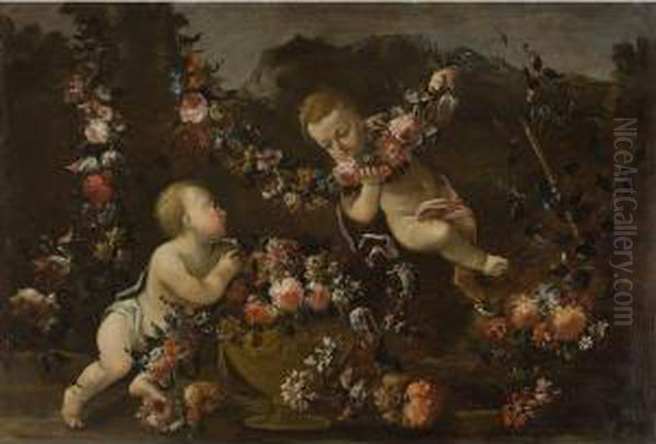 Natura Morta Di Fiori Con Due Putti Oil Painting by Elisabetta Marchioni Active Rovigo