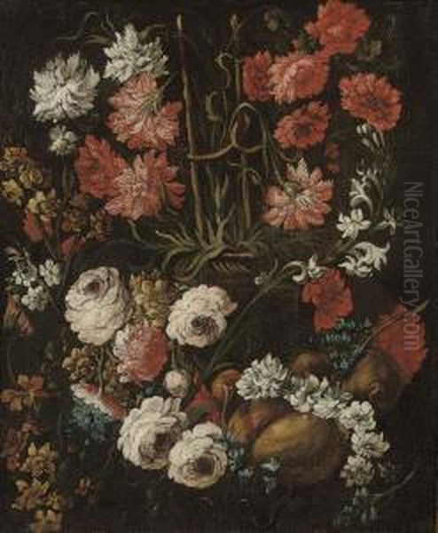 Chrysanthemums, Hyacinths And Peonies In An Urn Oil Painting by Elisabetta Marchioni Active Rovigo