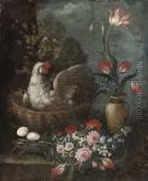 A Nesting Hen With A Bunch Of Anemones Oil Painting by Elisabetta Marchioni Active Rovigo