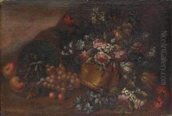 Grapes And Apples Beside A 
Basket Filled With Roses, Tulips, Narcissi And Other Flowers Before An 
Open Landscape Oil Painting by Elisabetta Marchioni Active Rovigo