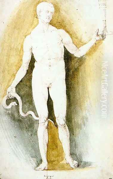 Male Nude with a Glass and Snake, so-called Asclepius Oil Painting by Albrecht Durer