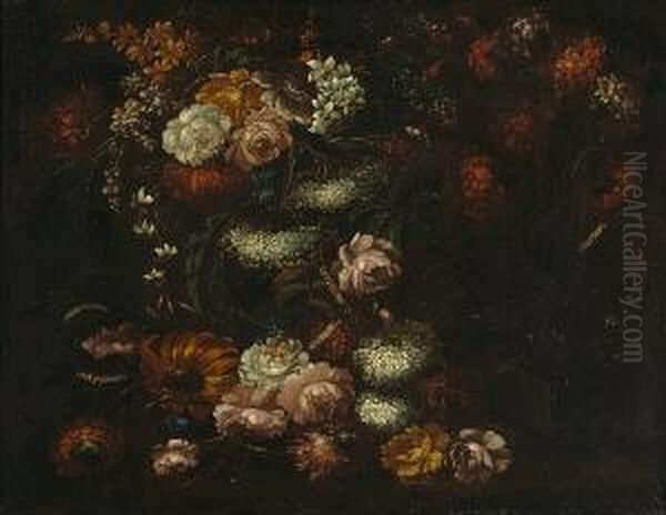 A Still Life Of A Dianthus 
Plant, Roses, And Other Flowers And Caterpillers, All Resting On A Table Oil Painting by Elisabetta Marchioni Active Rovigo