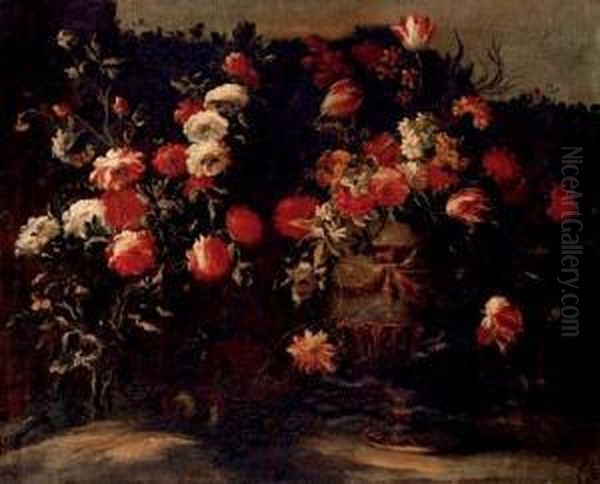 Tulips, Roses, Daffodils And Other Flowers In An Urn, On A Stone Oil Painting by Elisabetta Marchioni Active Rovigo