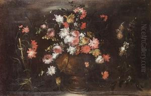 Tulips, Roses, Chrysanthemums And Other Flowers In A Bronze Urn Oil Painting by Elisabetta Marchioni Active Rovigo